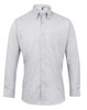 A light grey button-up shirt with a collar, long sleeves, and a chest pocket. It features a logo on the chest.