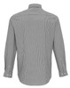A cotton-rich button-up shirt featuring grey and white stripes, with a back view showing long sleeves and a collar.