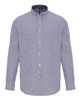 A button-up shirt with cotton-rich fabric, featuring blue and white stripes and a collar. It has a logo on the label.