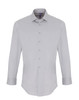 A light grey button-up shirt with a collar and long sleeves, featuring a logo on the front.