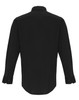 A black button-up shirt with long sleeves and a collar, featuring a logo on the back.