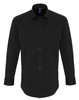 A black Stretch Fit Cotton Poplin long-sleeve button-up shirt with a collar and a logo.