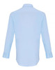 A light blue button-up shirt with long sleeves and a collar, featuring a logo on the back.