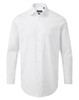 A white button-up shirt featuring long sleeves and a collar, with a logo on the chest.