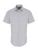 A light grey button-up shirt with short sleeves and a subtle logo on the collar.