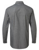 A mens chambray shirt in a grey hue, featuring a button-up design and long sleeves, with a logo on the back.
