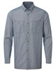 A men's chambray shirt in light blue with long sleeves and two front pockets, featuring a logo.