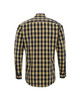 A long-sleeve button-up shirt in a yellow and navy check pattern, featuring a brand logo on the side.