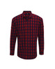 A red and navy check cotton long-sleeve button-up shirt with a collar and buttoned cuffs, featuring a logo.