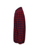 A side view of a red and navy checkered button-up shirt with a collar and long sleeves, featuring a logo.