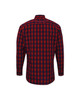 A long-sleeve, button-up shirt in red and navy check pattern, featuring a logo on the back.