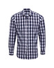 A button-up shirt featuring a navy and white check pattern, with long sleeves and a collar, including a logo.