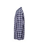 A blue and white check patterned button-up shirt with long sleeves and a logo on the sleeve.
