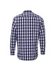 A button-up shirt in navy and white check pattern with long sleeves and a collar, featuring a logo.