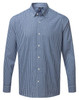 A button-up shirt in blue and white check pattern, featuring long sleeves and a collar. It has a logo on the chest.