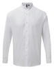 A white banded collar long-sleeve button-up shirt featuring a logo on the upper left.
