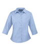 A light blue women's 3/4 sleeve poplin blouse with a button-up front and collar, featuring a logo.