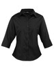 A black, women's 3/4 sleeve poplin blouse with a button-up front and a pointed collar. It features a logo on the label.