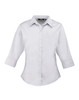 A light grey women's 3/4 sleeve poplin blouse with a button-up front and a collar. It features a branding logo.