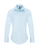 Light blue women's long-sleeve button-up shirt with a collar, featuring a logo on the chest.