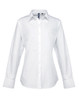 A white button-up shirt featuring long sleeves and a collar, complete with a logo.