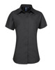 A black women's short-sleeve button-up shirt with a fitted design and a collar. Features branding.
