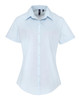 A light blue women's button-up shirt with short sleeves and a collar, featuring a logo.