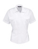 A white women's button-up shirt with short sleeves and two chest pockets. Features a logo on the collar.