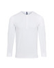 A white long sleeve tee with a round neckline and button placket, featuring roll sleeves and a logo.
