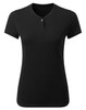 A black women's cotton-rich t-shirt with a round neckline and a single button detail at the collar.