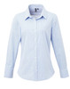 A light blue women's button-up shirt with a microcheck pattern and long sleeves. It features a collar and a logo.