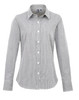 A women's long-sleeve button-up shirt in a microcheck pattern, featuring a collar and white buttons. It has a logo.