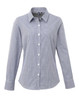 A button-up shirt in navy microcheck pattern with a collar and long sleeves, featuring a logo.