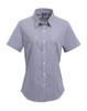 A women's short-sleeve button-up shirt in microcheck pattern, featuring a collared neckline and buttons in navy and white.