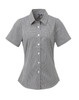 A short-sleeved women's button-up shirt in a microcheck pattern, featuring a collar and white buttons.