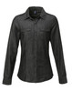 A women's button-up shirt in dark denim with long sleeves and two chest pockets. Features branding on the label.
