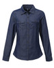 A women's button-up shirt in dark denim with a fitted design and two chest pockets, featuring a branded logo.