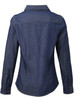 A women's denim button-up shirt in dark blue with long sleeves and a collar, featuring a simple design and logo.