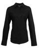 A black button-up shirt with long sleeves and a collared neckline. It features a logo on the fabric.