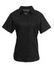 A black women's short-sleeve button-up shirt with a collar and a logo.
