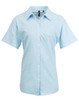 Light blue women's short-sleeve button-up shirt with a collar and a logo on the chest.