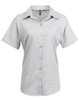 A light grey button-up shirt with a collared neckline and short sleeves. It features a logo on the chest area.