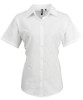 A white women's button-up shirt featuring short sleeves and a collar, with a logo on the label.