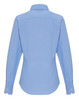 A light blue women's cotton-rich oxford blouse with long sleeves and a button-up design, featuring a collar and back pleat.