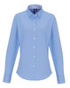 A light blue button-up blouse with a collared neck and long sleeves, featuring a logo.