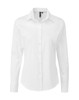 A white long-sleeve button-up blouse made of stretch-fit cotton poplin, featuring a collar and a logo.
