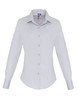 A light grey women's stretch fit cotton poplin long sleeve blouse with a button-up front and collar.