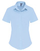 A light blue women's stretch fit cotton poplin short-sleeve blouse with a button-up front and a collar.