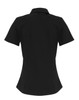 A black women's short-sleeve poplin button-up blouse with a fitted design and a collar.