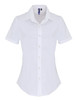 A white short-sleeve button-up blouse with a fitted design and a collar, featuring a logo.